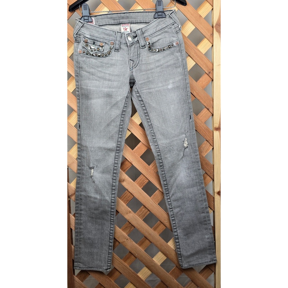 True Religion Jeans Womens 26 Gray Studded Distressed Low Rise Skinny - Good - Picture 2 of 10